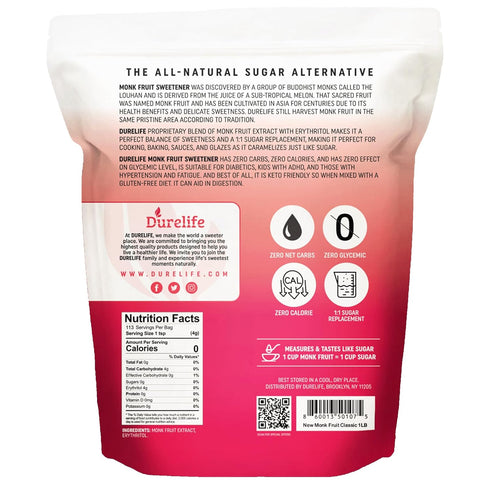 1:1 1 lb (Packaging Durelife Monk Fruit Sweetener, Classic - White Sugar Substitute, Keto Diet Friendly, Sugar