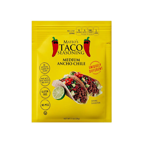 Medium Ancho Chile Taco Seasoning Packets by Mateo's, 1 Ounce (Pack of 12)