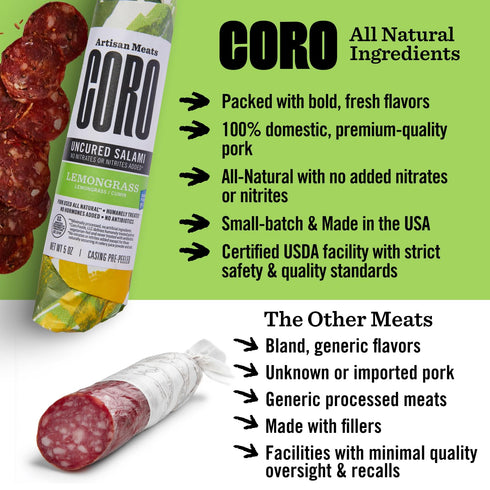 5oz Coro Uncured Lemongrass Artisan Salami Stick | Lemongrass & Warm Cumin | Perfect for Charcuterie Boards, Snacking