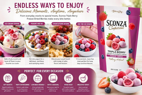 Sconza 18 oz Triple Berry Freeze-Dried Berries Covered in Yogurt Flavored Crme, Strawberry Blueberry Raspberry Candy