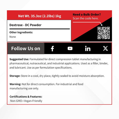 1 (2.2 lb) Compressible Dextrose DC Tableting Sugar - kg - Direct Compression Tablet Binder for Chewable Tablets