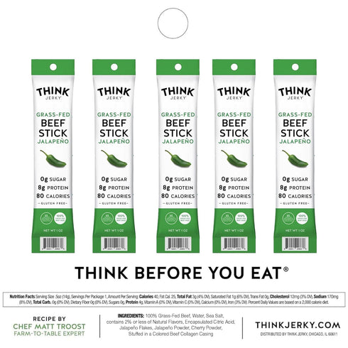 0.5 oz 20 Pack Think Jerky Jalapeno Beef Sticks, Gluten and Sugar Free, No Nitrates, Keto Paleo Friendly High Protein