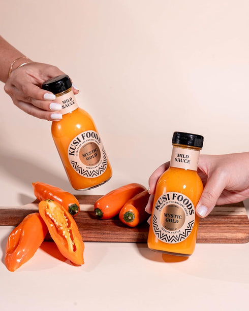 50 8.5 oz Kusi Foods MYSTIC GOLD Peruvian Mild Hot Sauce, Made with Yellow Chili Peppers, Banana and Aji Charapita