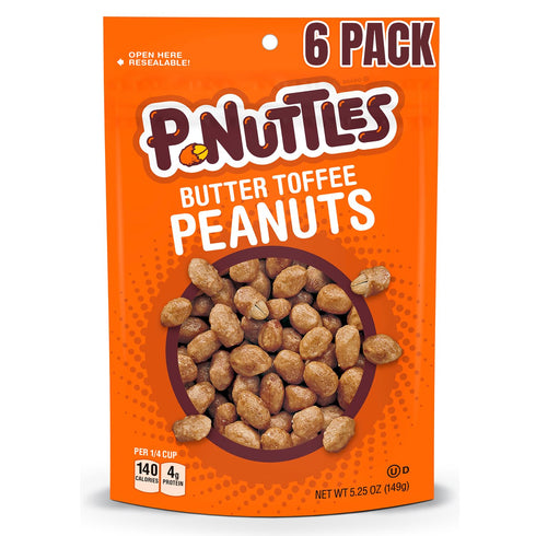 P-Nuttles Butter Toffee Covered Peanuts, 5.25 Oz Resealable Bag (Pack of 6)