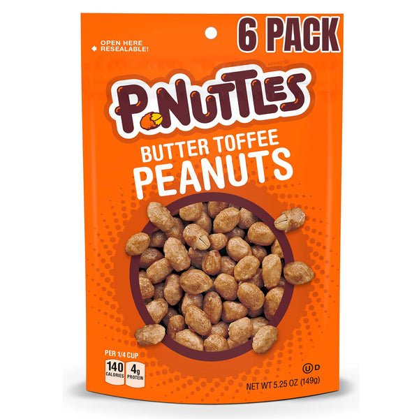 P-Nuttles Butter Toffee Covered Peanuts, 5.25 Oz Resealable Bag (Pack of 6)