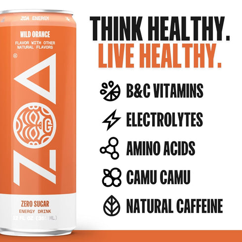 12 (Pack 12) ZOA Zero Sugar Energy Drinks - Wild Orange | Healthy Energy Formula with Natural Caffeine, Daily Vitamin