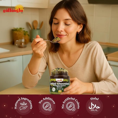 7 oz (200g) Gulluoglu Dubai Chocolate Pistachio Peanut Spread Rich & Creamy Middle Eastern Chocolate Paste with Roasted