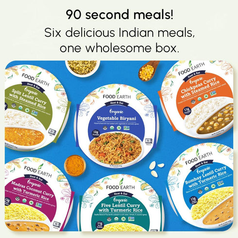 Pack Pack (6 Pack) Food Earth Ready to Eat Indian Meals Six Flavor Variety Organic, Microwavable, Premade & Quick Lunch
