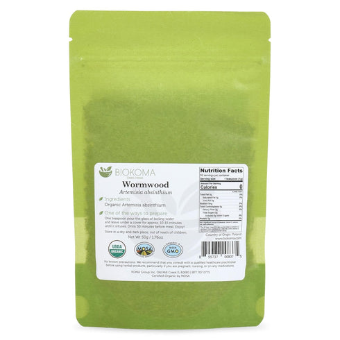 Biokoma Pure and Organic Wormwood Dried Herb - 50g in Resealable Pouch, USDA Certified Organic