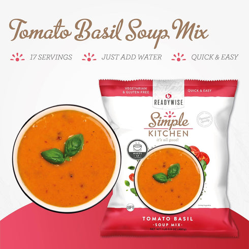 17 1 Pack READYWISE - Simple Kitchen, Tomato Basil Soup, Servings, MRE, Gluten Free, & Vegetarian, Food, Soup Mix