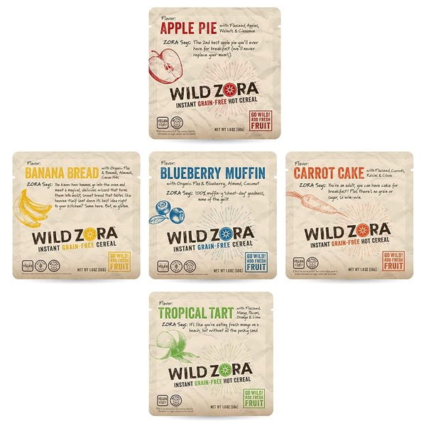 Wild Zora Instant Grain-Free Hot Cereal - Paleo Friendly Breakfast, Oatmeal Substitute, Gluten Free, 5-Pack Variety