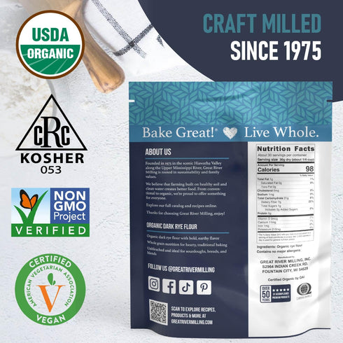 2 Lb Great River Milling Organic Dark Rye Flour | Whole Grain, Non-GMO, Kosher, Unbromated | Earthy Flavor for Rye