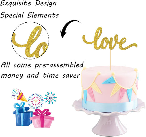 Gold Glitter Love Cake Topper - Wedding/Engagement/Bridal Shower/Anniversary/Birthday Decorations Supplies