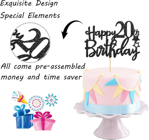 Black Glitter Happy 20th Birthday Cake Topper, Cheers to 20 Years Party Decorations