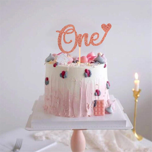 Unimall Letter 'One' Heart Cake Topper for 1st Birthday, Rose Gold Glitter Cake Decorating Supplies