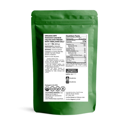 1 Food to Live Organic Dry Roasted Cashew Halves and Pieces with Himalayan Salt, Pound Non-GMO, Oven Roasted, Lightly