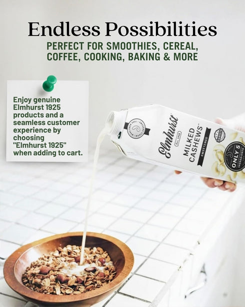1925 32 (Pack 6) Elmhurst Sweetened Cashew Milk - Ounce of Dairy-Free, Vegan, Kosher, Gluten-Free, Shelf Stable Plant