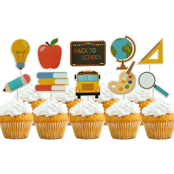Mulukaya 30Pcs Back to School Themed Cupcake Toppers, Blackboard Pencil Ruler School Bus Cake Picks
