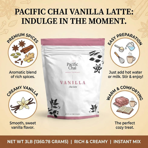 Pacific Chai 3 LB Vanilla Chai Latte Mix, Instant Chai Tea Latte Powder Drink Mix, Gluten Free, Kosher, Spiced Tea