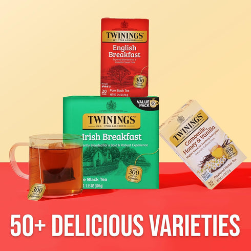 50 Count (Pack 6), 300 Twinings Irish Breakfast Black Tea Individually Wrapped Bags, of Flavourful, Bold, Robust