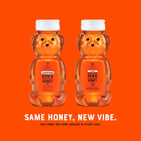 100% 12 oz. Nate's Louisiana Pure, Raw & Unfiltered Honey - Honey Bear Bottle - All-natural Sweetener