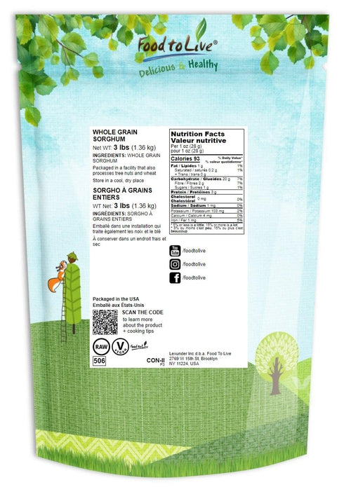 3 Food to Live Italian White Whole Grain Sorghum, Pounds Premium White Groats. Raw Milo Seeds. Vegan, Bulk Broom-corn.