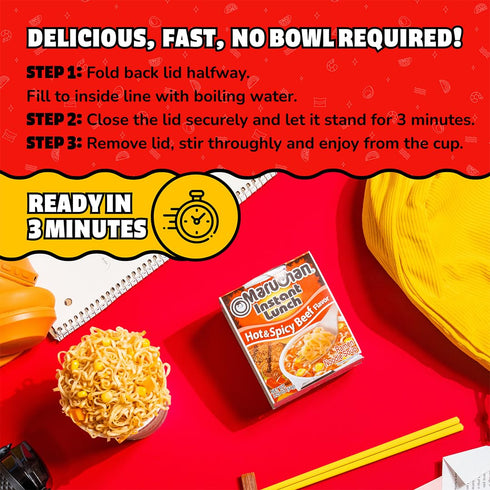 2.25 Oz Pack 12 Maruchan Instant Lunch Ramen Noodles, Hot & Spicy Beef Flavor Japanese-Style Instant Noodle Soup, Quick