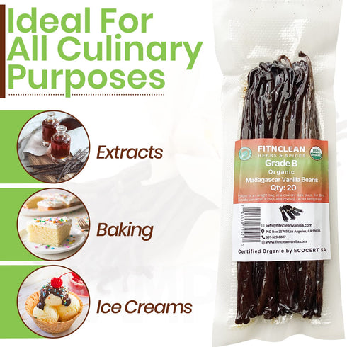 20 Organic Madagascar Vanilla Beans Grade B, Certified USDA Organic, 5"-7" by FITNCLEAN VANILLA for Extract, Cooking,