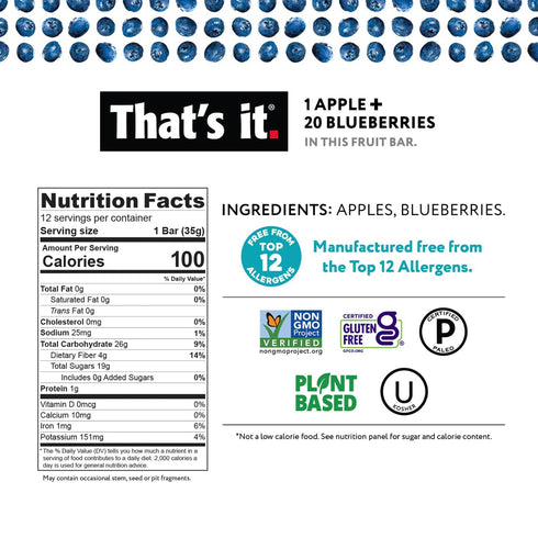 100% (12 Pack) That's it. Apple + Blueberry Natural Real Fruit Bar, Best High Fiber Vegan, Gluten Free Healthy Snack