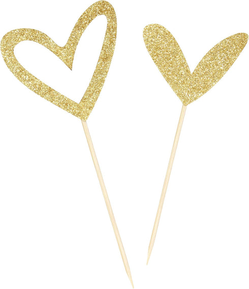 24 PCS Cute Gold Glitter Heart Cupcake Toppers for Wedding, Bridal, Anniversary, Baby Shower Party Decorations