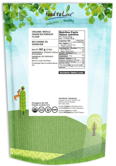 2 Food to Live Organic Whole Grain Buckwheat Flour, Pounds Non-GMO, Kosher, Unbleached, Unbromated, Unenriched, Stone