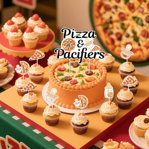 25PCS Sursurprise Pizza & Pacifiers Baby Shower Cake Topper Cupcake Toppers, Pizza Party Time Decorations Fast Food