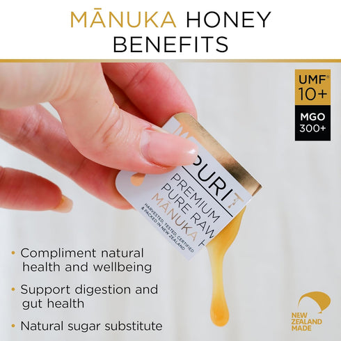 10+ (MGO300+) 21 0.18oz Packets, PURITI Genuine Raw Manuka Honey Snaps On The Go - UMF x Individual Snap Single Serve