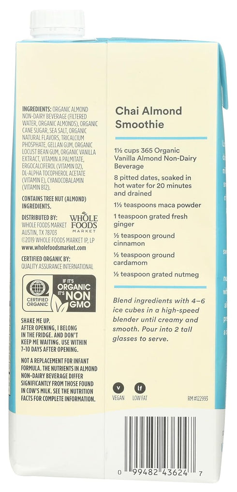 365 32 Oz by Whole Foods Market, Organic Vanilla Almond Milk, Vegan, Low-Fat, Fl