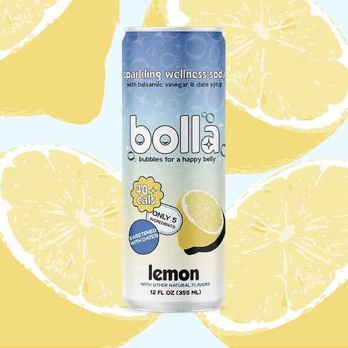 5 12 pack Lemon Sparkling Wellness Soda Naturally sweetened with dates Crafted with balsamic vinegar simple ingredients