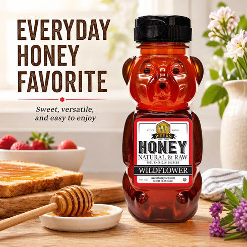 (12 oz) Weeks Honey Farm Wildflower Honey - Pure, Raw, Unfiltered, Gluten Free, Kosher, and Rich in Nutrients