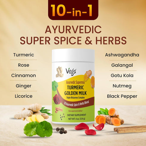 10 4 oz Vegs Turmeric Golden Milk Powder - Ayurvedic Super Spice Mix Golden Milk Latte with Organic Turmeric, Ginger