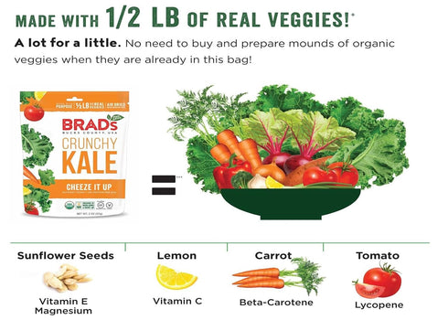 Pack, 3Bags, 6 Brad's Plant Based Organic Crunchy Kale Variety Vampire Killer/Original Probiotic/Cheez It Up, Servings