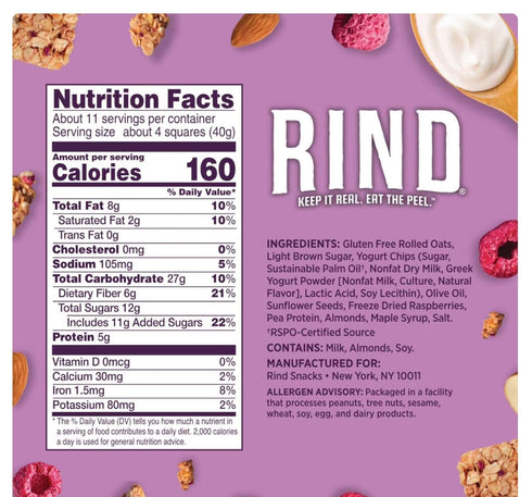 16 oz 1 RIND Granola Squares, Raspberry Almond, BAG