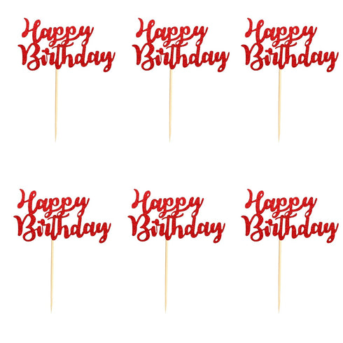Pack of 48 Pre-Assembled Red Glitter Happy Birthday Cupcake Toppers, Cake Food Fruit Picks for Birthday Party Decoration