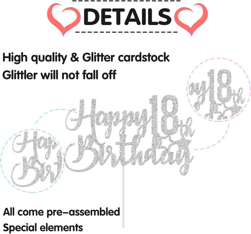 Silver Glitter Happy 18th Birthday Cake Topper - 18th Birthday Party Decoration