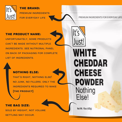 15oz, It's Just - White Cheddar Cheese Powder, Traditional Sharp Flavor, Made in USA, rBST/rBGH Hormone Free, Shelf