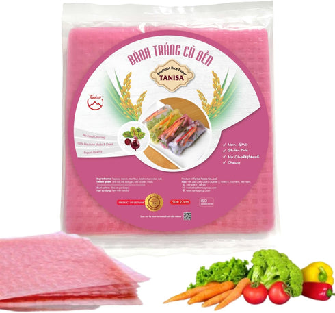 TANISA Square Beetroot Rice Paper Wrappers for Spring Rolls, 8.7 inch, 7 oz, Gluten Free, Natural Pink Banh Trang