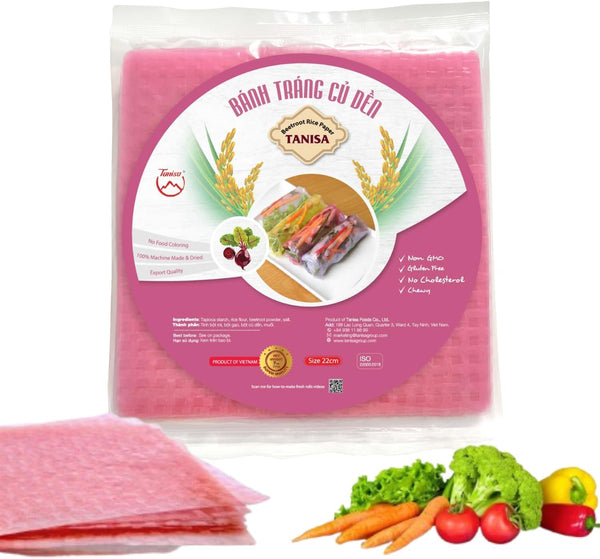 TANISA Square Beetroot Rice Paper Wrappers for Spring Rolls, 8.7 inch, 7 oz, Gluten Free, Natural Pink Banh Trang