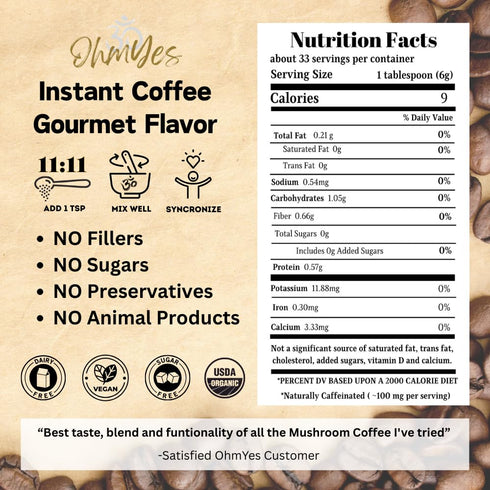 11 7oz OhmYes Mocha Mushroom Coffee with Pure Cacao | Organic Mushroom Adaptogen Blend (Lions Mane, Reishi, Chaga