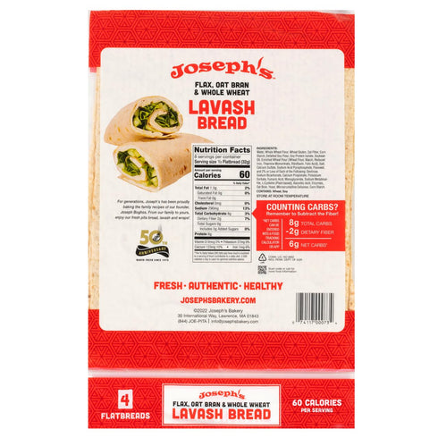 (8 Count Joseph's Bakery Lavash Bread, Flax Oat Bran & Whole Wheat, Reduced Carb, Fresh Baked Flax)