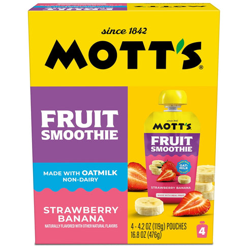 4.2 oz 24 Count (6 Packs 4), Motts Fruit Smoothies Strawberry Banana, Clear Pouches, of Non-dairy, Made With Oatmilk