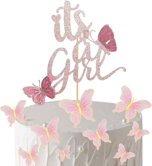 ALISSAR New Double Sided Rose Gold Butterfly Baby Shower Cake Topper Set, It's A Girl Cake Topper & 16 Pink Butterflies