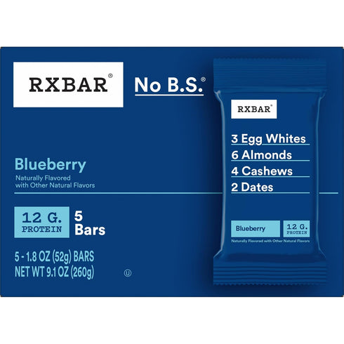 9.1oz (5 Count) RXBAR Protein Bars, Protein Snack, Snack Bars, Blueberry, Box