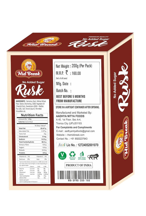 Mid Break 200gm (Pack 4) Midbreak No Added Sugar Rusk - Of | Handmade & Crispy Toast With | Eggless & Healthy Teatime